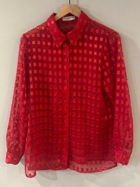 80s Vintage Sheer Red Checkered Button-Up Blouse - Notations Petite